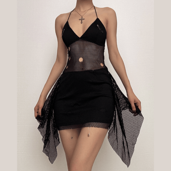 Robe mini-robe en résille transparente à volants et appliques à épingles 
