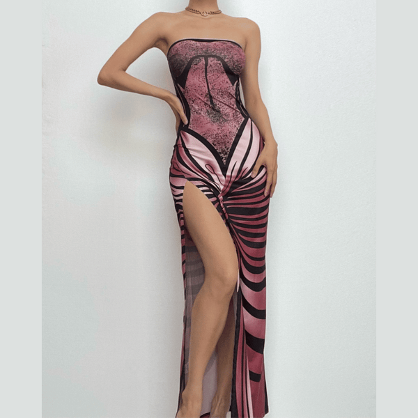 Robe longue tube à imprimé papillon et fente haute 