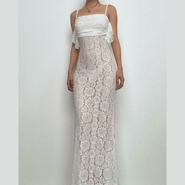 Robe longue à volants en dentelle et fermeture éclair transparente 