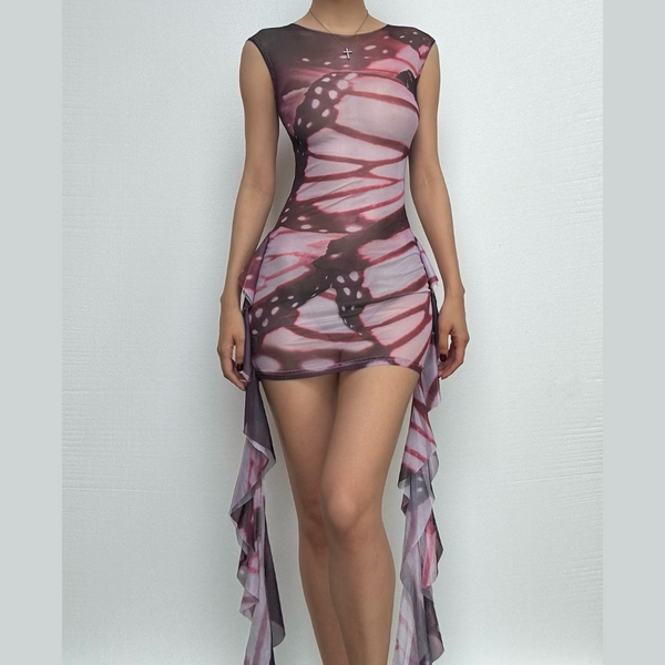 Robe courte en maille transparente à volants et manches courtes | Robe de tango rouge | Robe de samba 