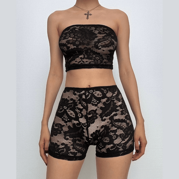 Ensemble pantalon tube uni en dentelle transparente 