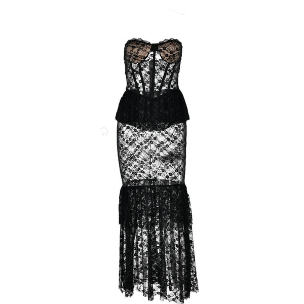 Robe longue bustier froncée en dentelle transparente à col en cœur | robe de tango rouge 