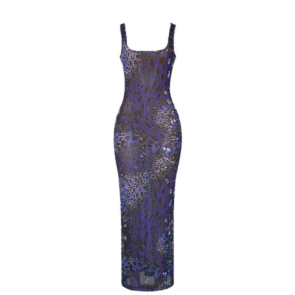 Robe longue à imprimé col en U et en maille transparente | Robe Samba 