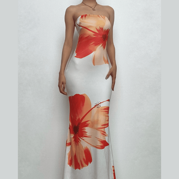Robe midi tube contrastée dos nu à imprimé floral en satin 