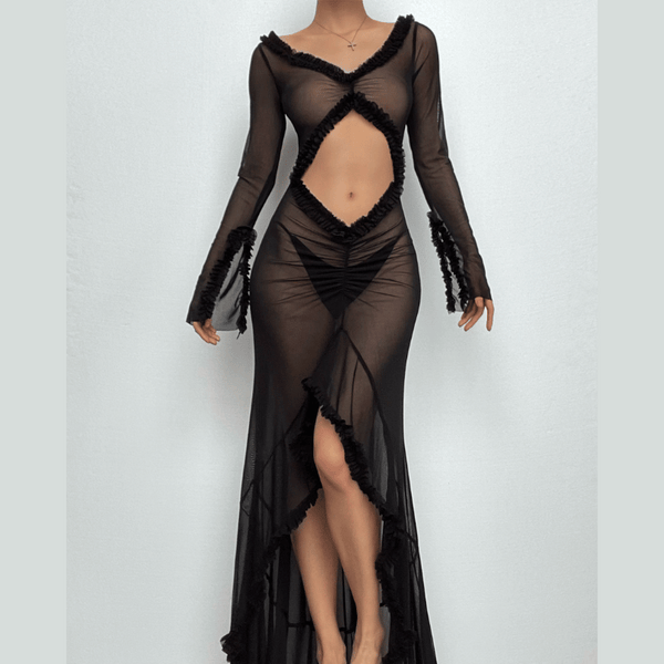 Robe longue à manches longues et volants, col en V ajouré, en maille transparente découpée | robe samba 