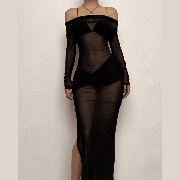 Robe longue à manches longues et épaules dénudées en maille transparente avec fente froncée | Robe de tango rouge | Robe de samba 