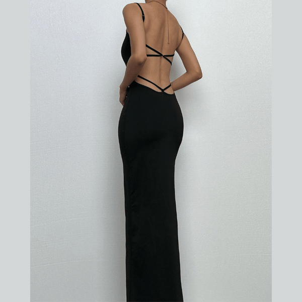 Robe longue à bretelles fendue dos nu et lacets 