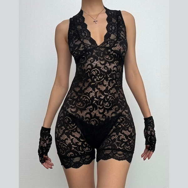 Combinaison transparente avec gants en dentelle à col en V profond 