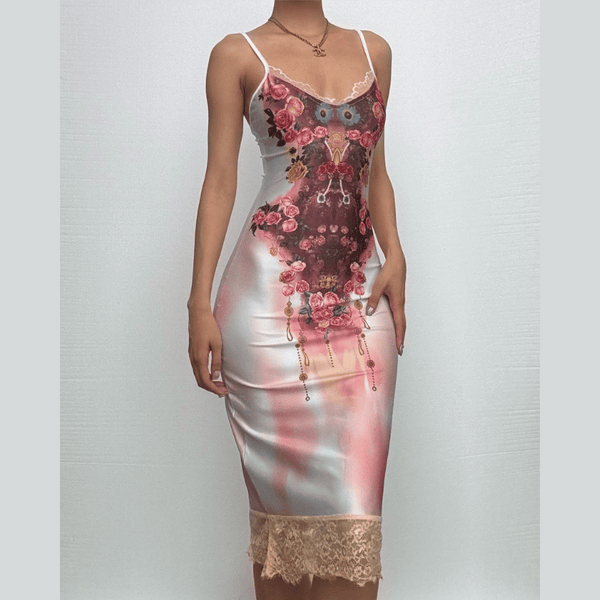 Robe midi à col en V et imprimé floral avec ourlet en dentelle 