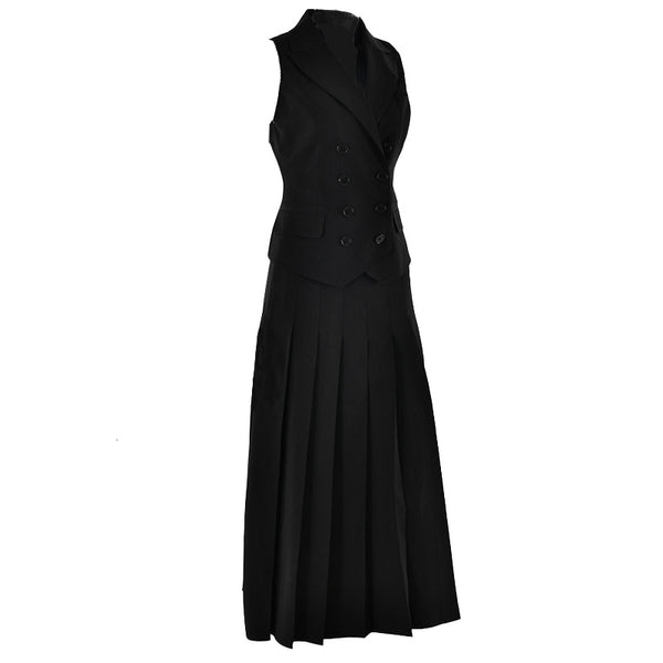 Ensemble jupe longue plissée boutonnée sans manches à col retourné 