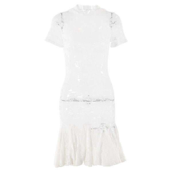 Mini-robe transparente en dentelle à capuche et manches courtes 