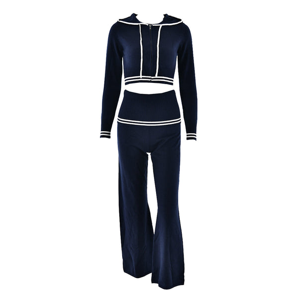 Ensemble sweat à capuche à manches longues et pantalon taille haute zippé en tricot 