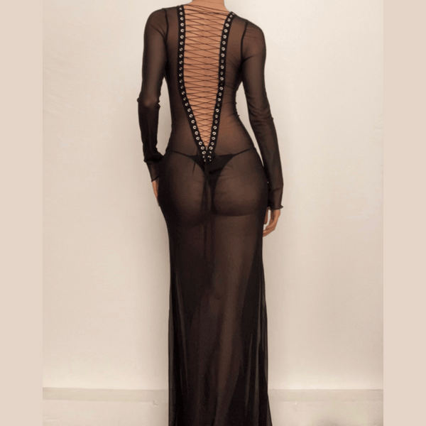 Long sleeve lace up sheer mesh see through maxi dress  | red tango dress  | samba dress