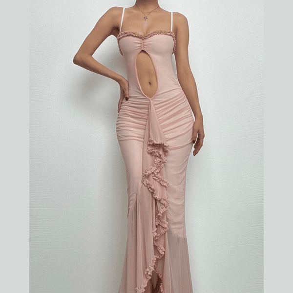 Robe longue à volants et ourlet en dentelle froncée, camisole ajourée et découpée 