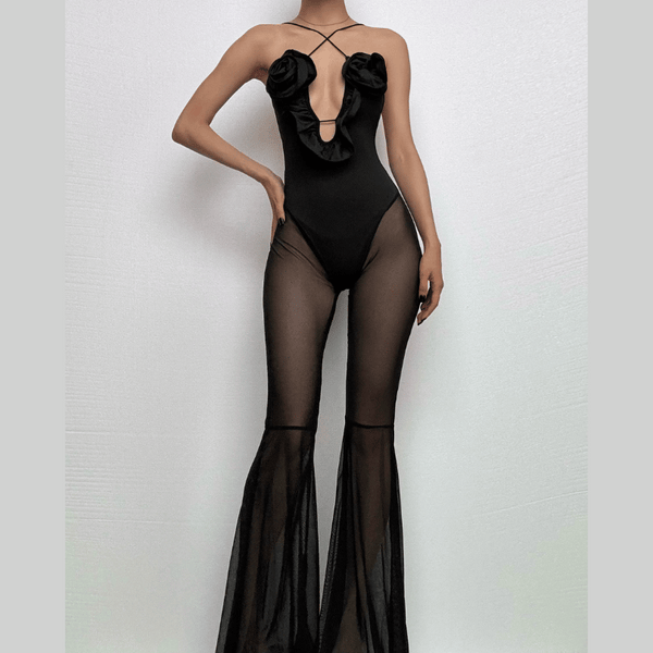 Combinaison camisole en maille à lacets et volants avec appliques florales 