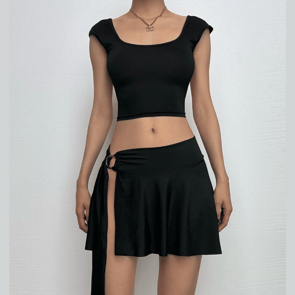 U neck backless o ring solid mini skirt set