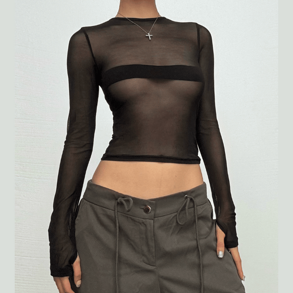 Long sleeve mesh patchwork crewneck gloves top
