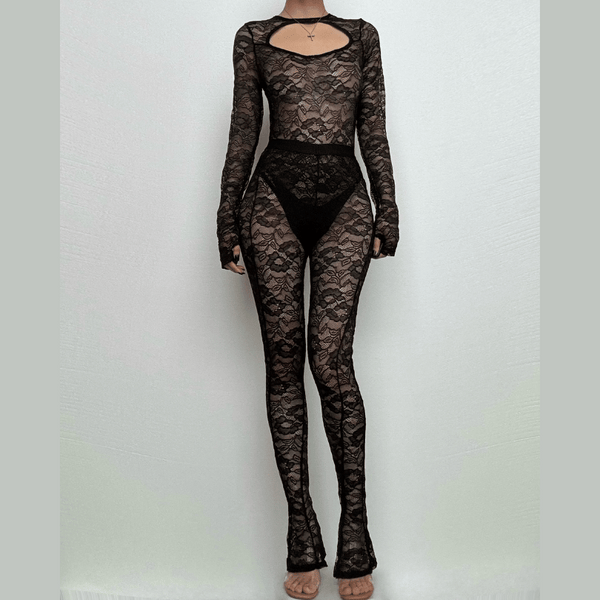 Long sleeve hollow out lace see through pant set