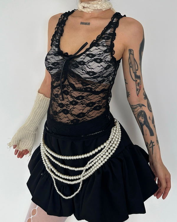 U neck ruffle lace bowknot see through crop top