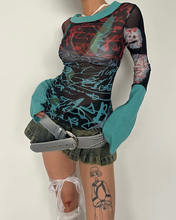 Mesh contrast print knitted long sleeve see through top