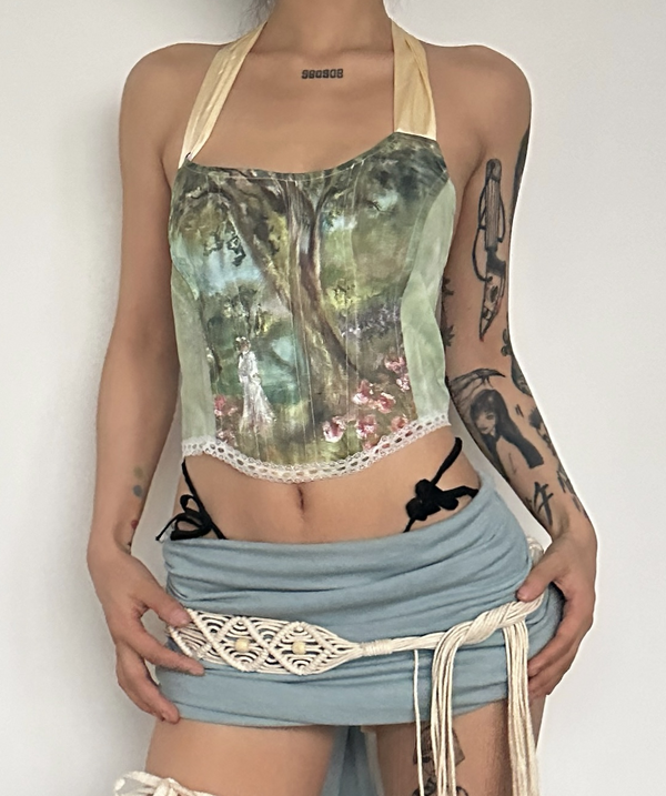 Print lace up back self tie strap bustier crop top