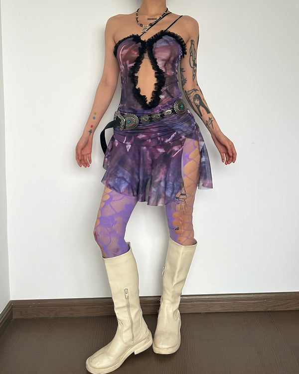 Robe courte à volants froncés, fente en maille transparente, camisole ajourée | robe de tango rouge | robe de samba 
