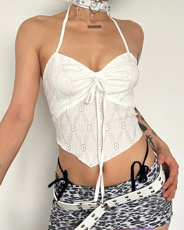 Backless self tie textured halter sleeveless ruffle crop top