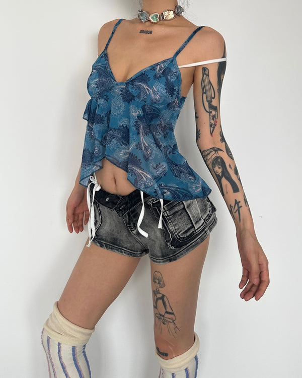 Sheer mesh see through v neck ruffle backless cami crop top