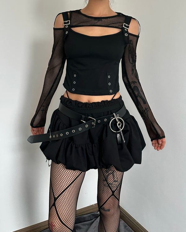 Fishnet patchwork off shoulder buckle long sleeve crop top