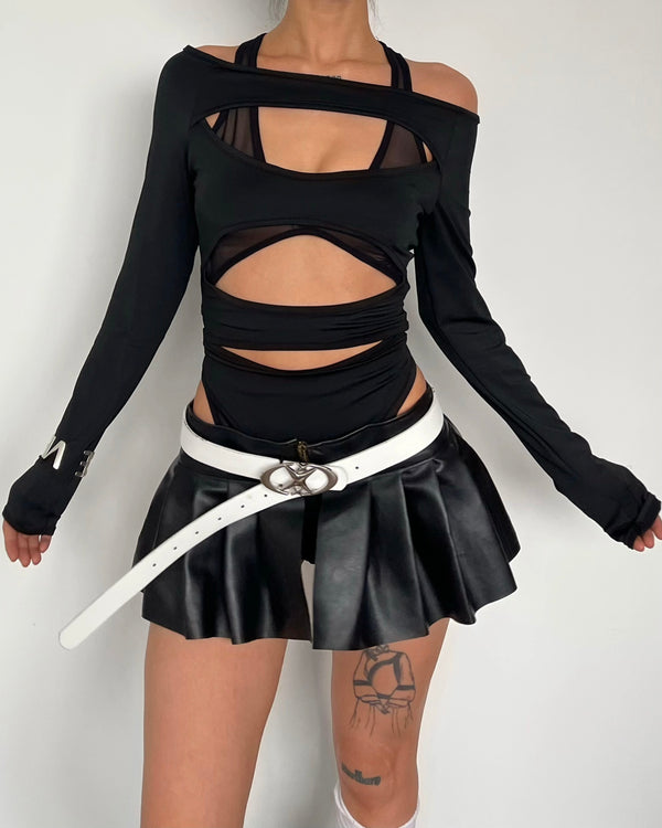 Hollow out solid long sleeve off shoulder mesh bodysuit