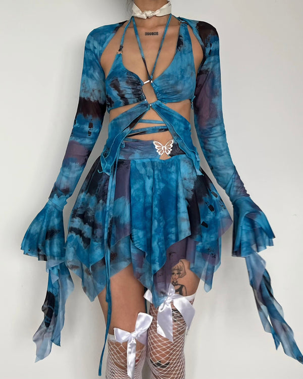 Flared sleeve tie dye o ring self tie halter low cut mini skirt set
