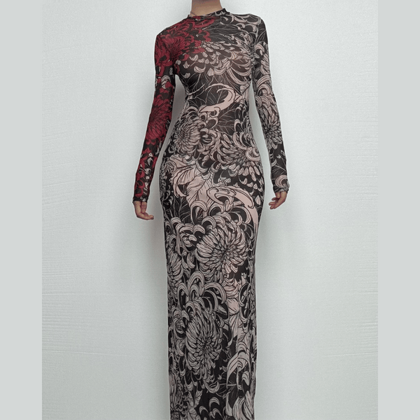 Robe longue à manches longues et col montant en maille transparente imprimée | robe samba 