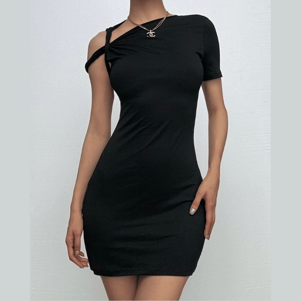Mini-robe unie froncée à une épaule et à manches courtes 