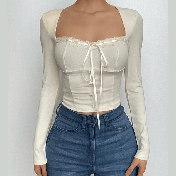 Square neck lace hem button solid long sleeve top