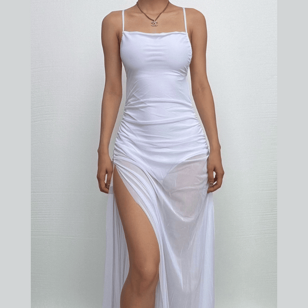 Robe longue camisole dos nu à fente haute en maille froncée 