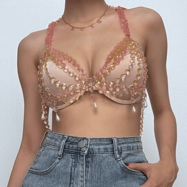 Haut bralette dos nu croisé avec chaîne en métal et fausses perles 