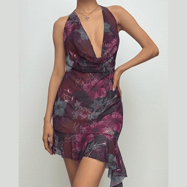 Robe courte à col bénitier et imprimé en maille transparente perlée | robe samba 