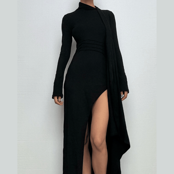 Robe longue unie à manches longues et col haut fendu 