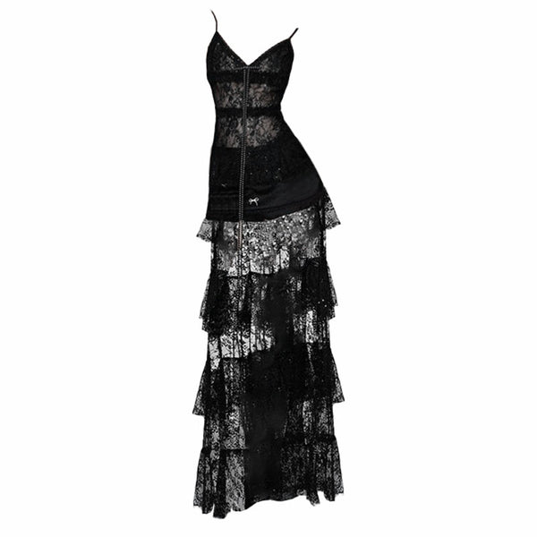 Mini-robe camisole à volants en dentelle et col en V 