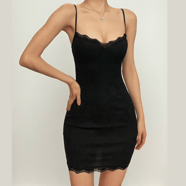 Robe courte à ourlet en dentelle, col en V uni, dos nu 