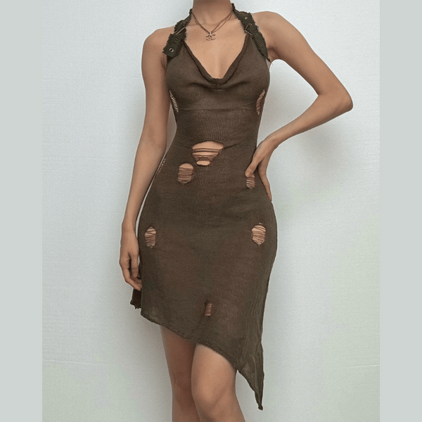 Robe mini transparente en tricot à col bénitier et boucle 
