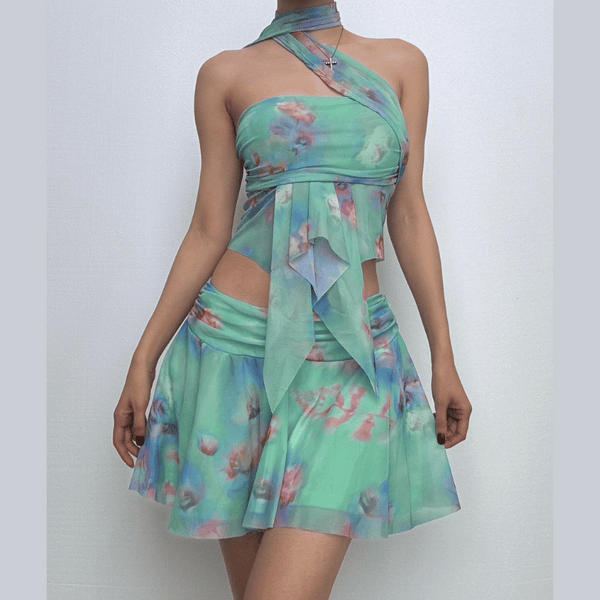 Halter ruched print ruffle mesh mini skirt set