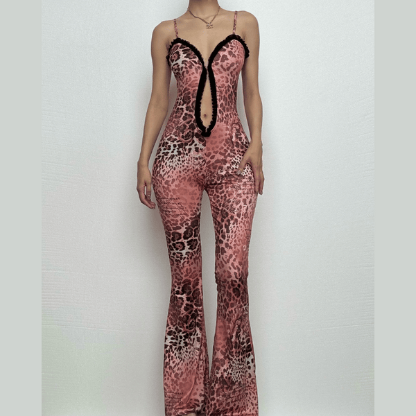 Combinaison camisole ajourée à volants et ourlet en dentelle à imprimé léopard 