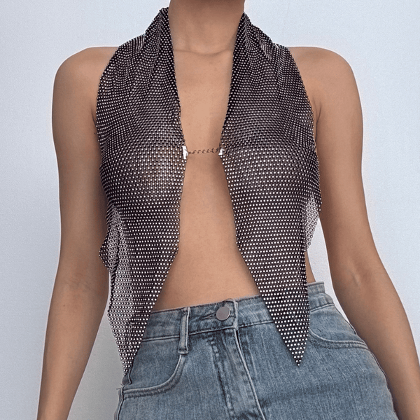 Haut licou en résille avec perles et chaîne en métal transparent 