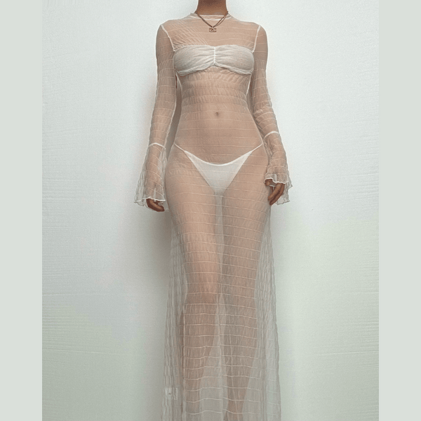 Robe longue transparente texturée à manches longues évasées 