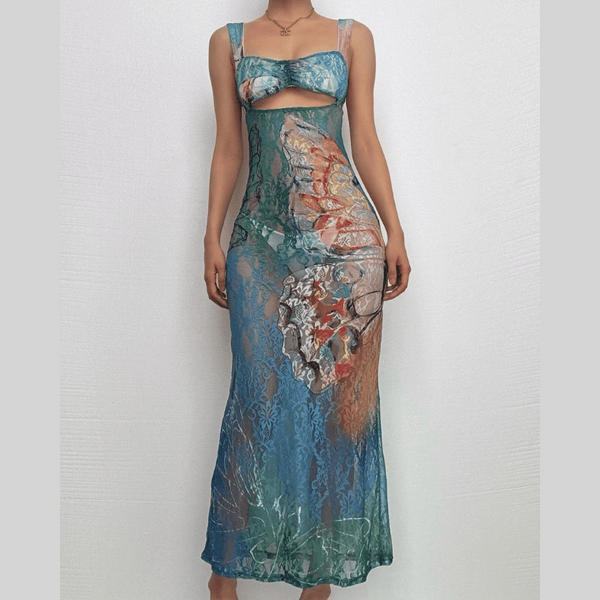Robe longue en dentelle à motif papillon ajouré et découpe tie dye 