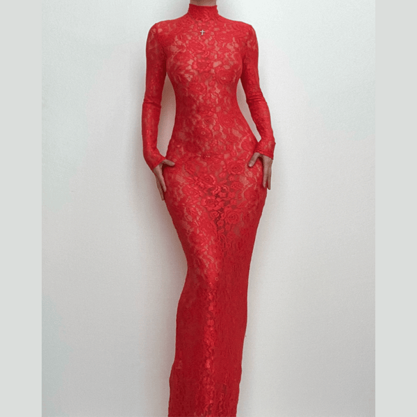 Robe longue à manches longues et col montant en dentelle transparente | Robe de tango rouge 