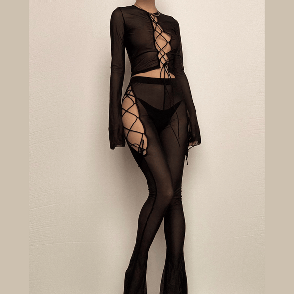 Long flared sleeve lace up sheer mesh pant set