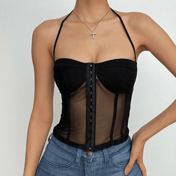 Haut corset uni dos nu en maille boutonnée à nouer soi-même 