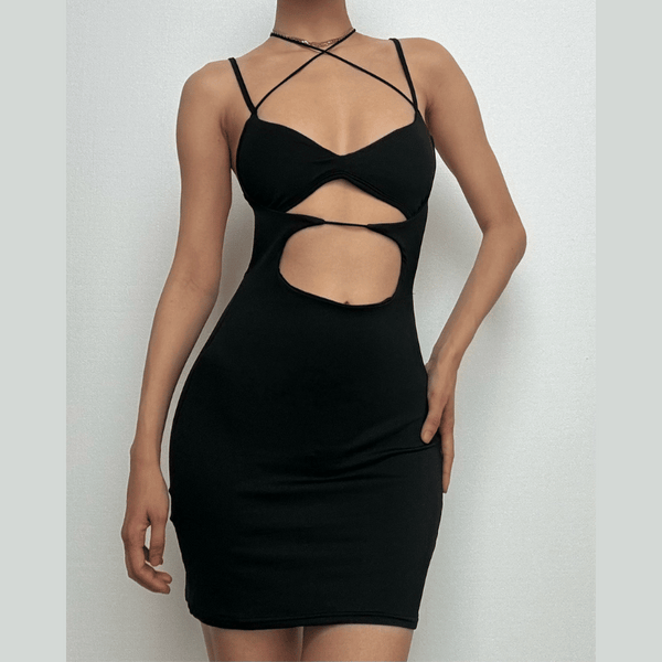 Robe courte dos nu à découpes et dos croisé | Robe rave noire 